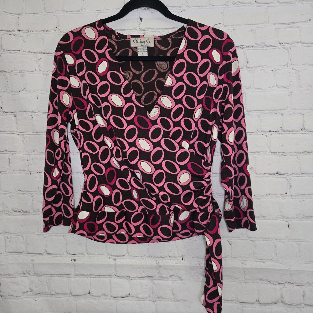 Y2k Pink & brown retro print long sleeve top with tie side Deep V Neck Sz M Euro